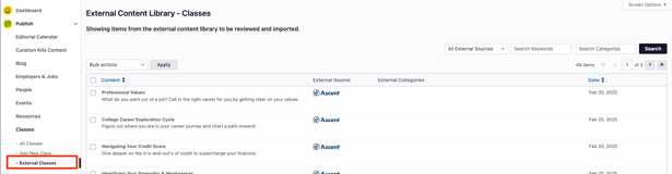 Admin dashboard view, with the section External Classes opened with a view of external classes from the library.