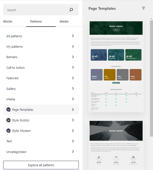 A screenshot of the admin dashboard block editor, showing the 'Patterns' area and the two sponsorship templates.