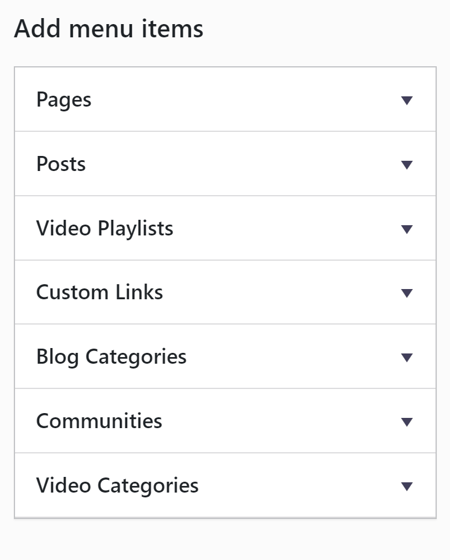A screenshot of the 'Add menu items' area of the menu dashboard.