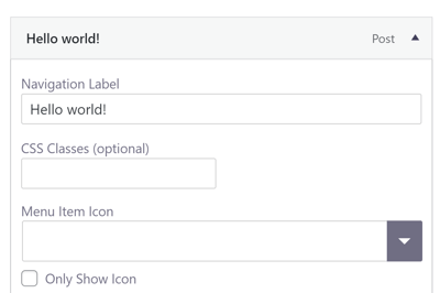 Screenshot that shows the Menu Item Icon dropdown option within the admin dashboard