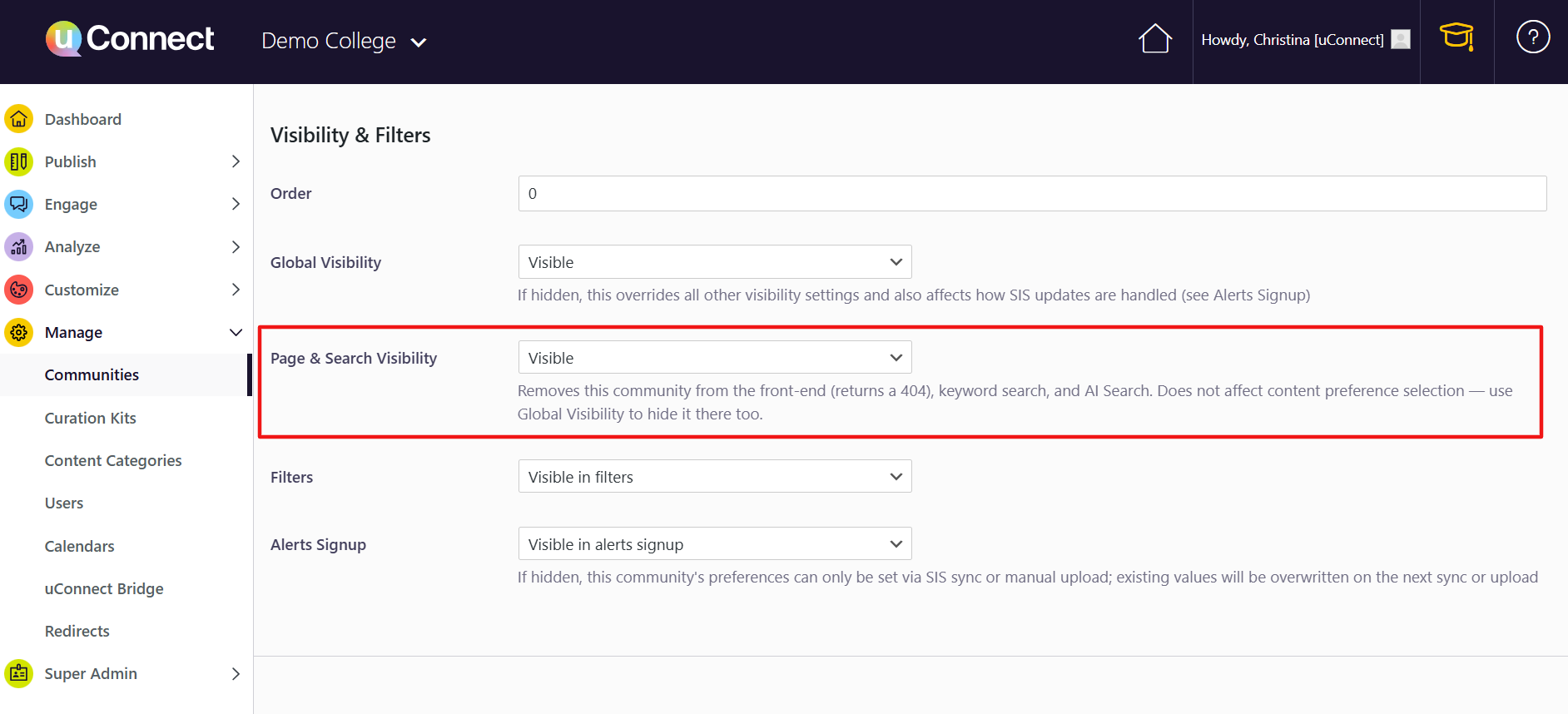 page and search visibility settings in communities