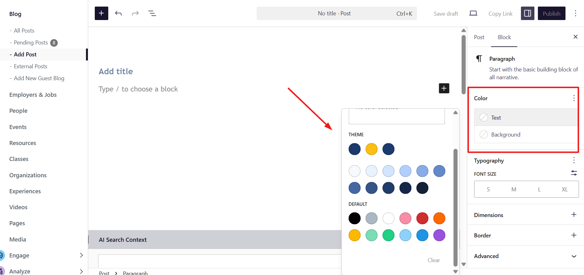 institutional branded colors appear in block editor color picker