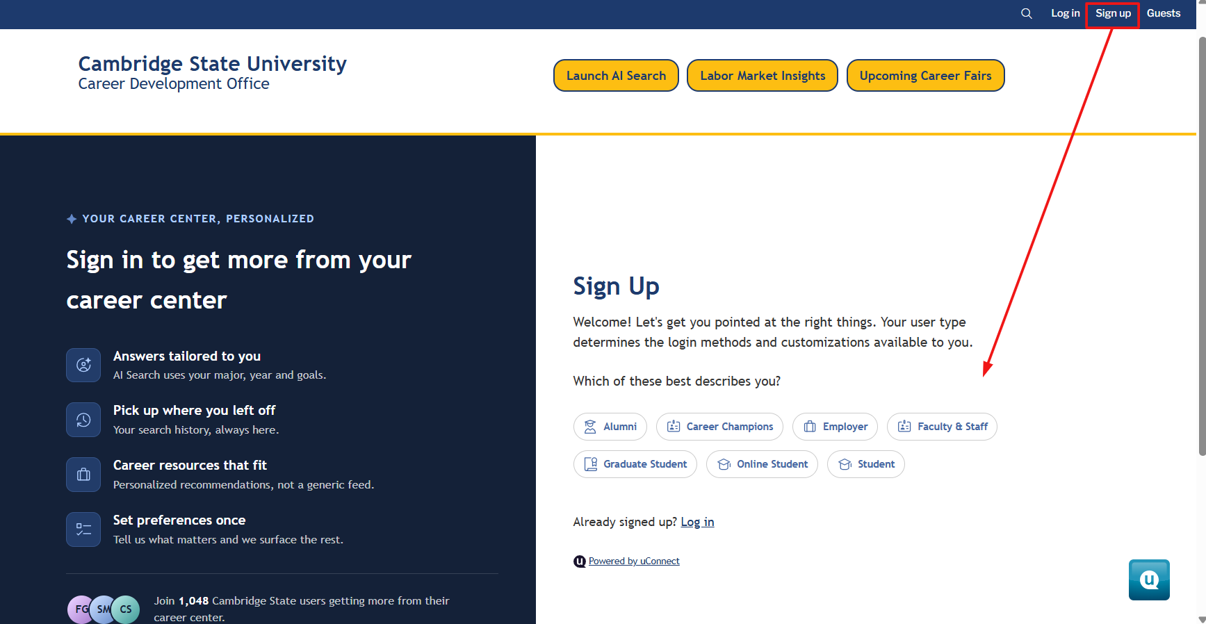 sign up screen with user types