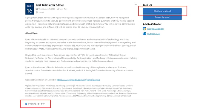 example of a job imported into uConnect from Symplicity