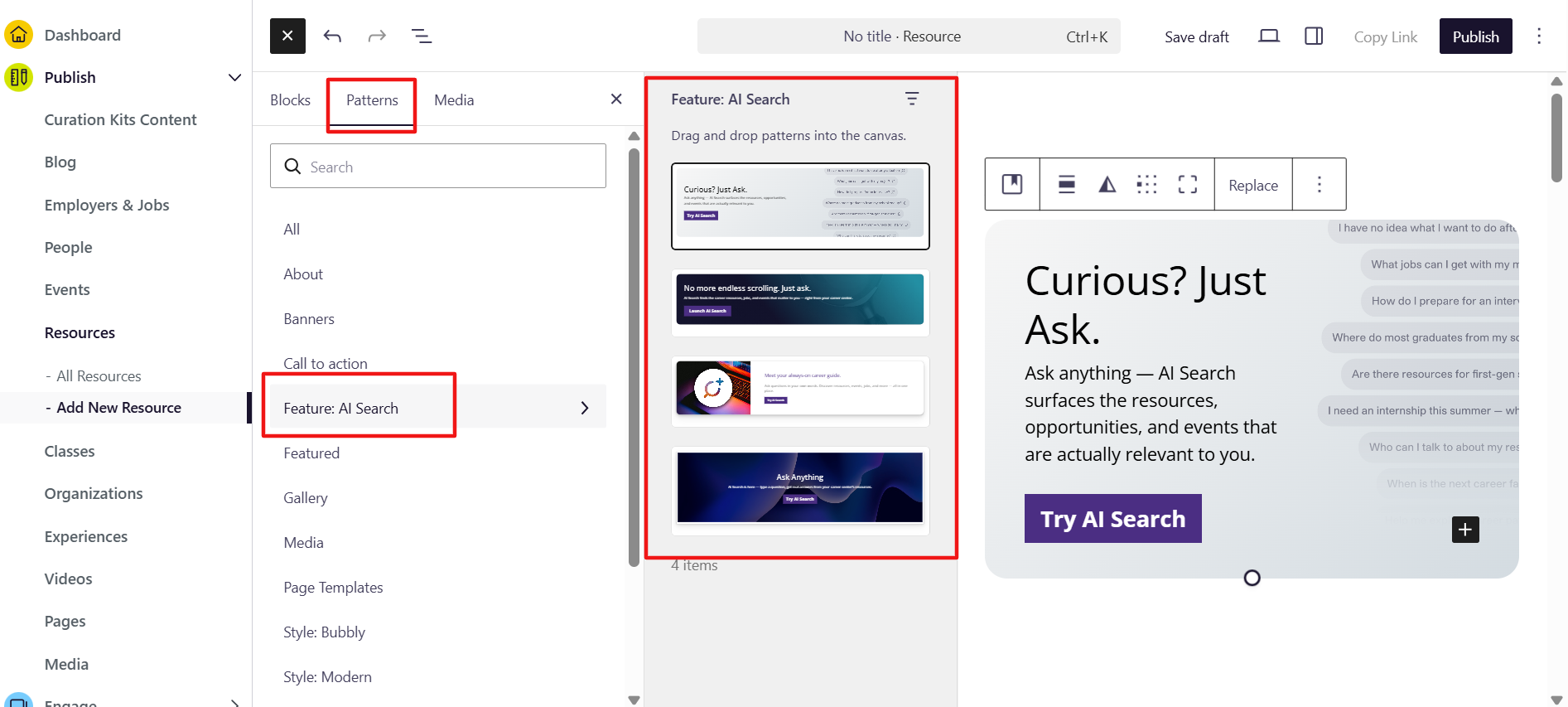 ai search patterns in the block editor of uconnect
