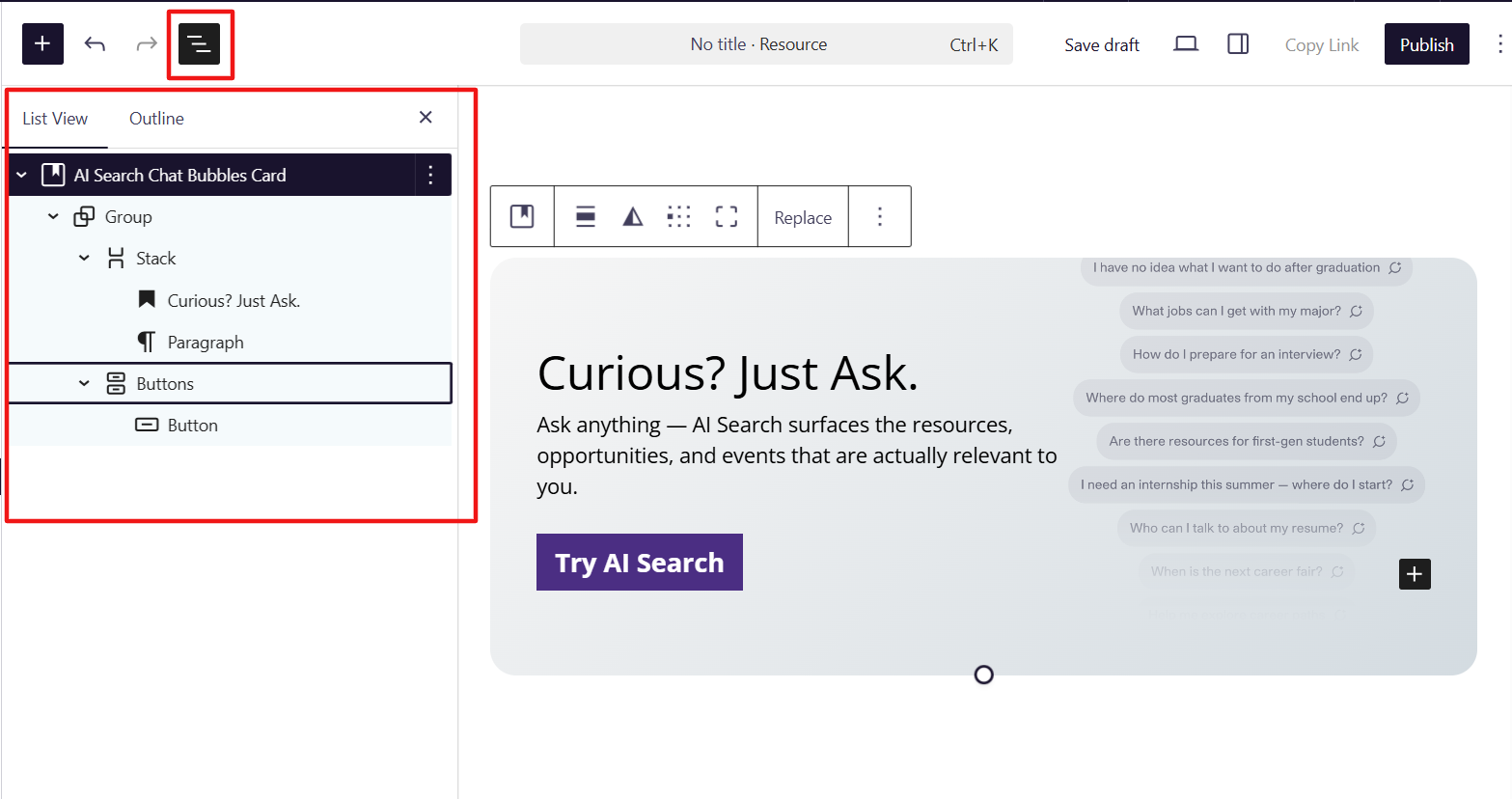 list view in the block editor of uconnect