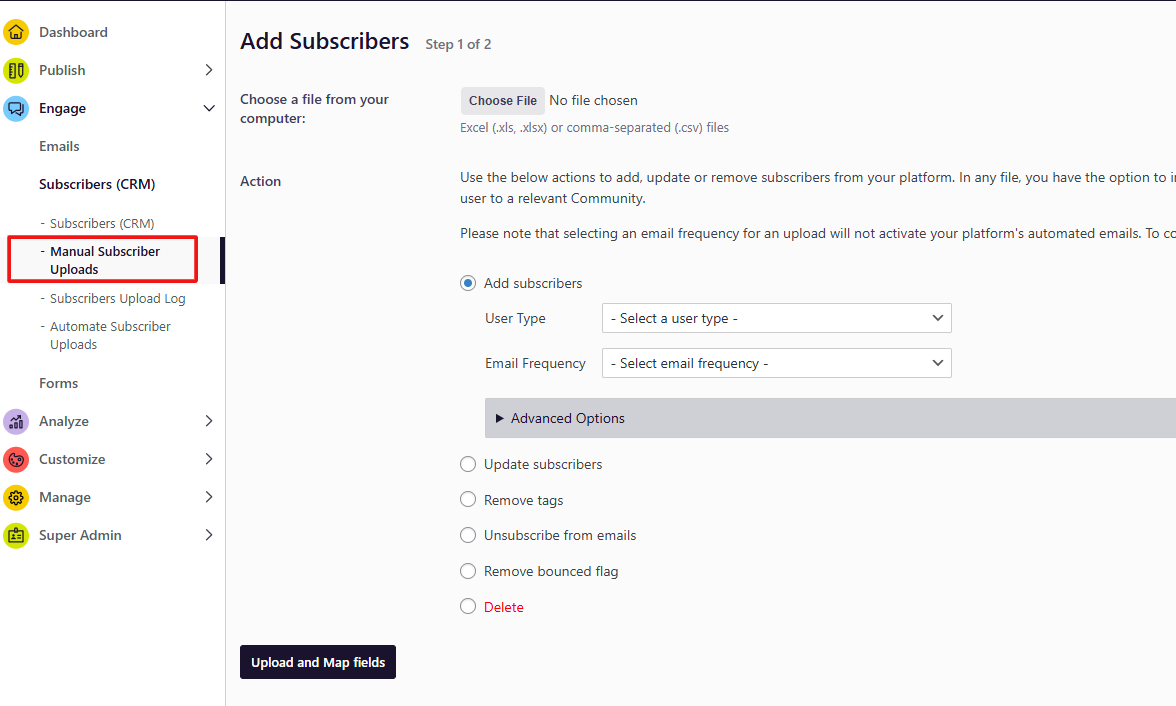 manual subscriber uploads under the Engage section in uConnect