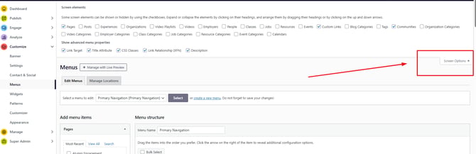 screen options to add more menu items in uConnect