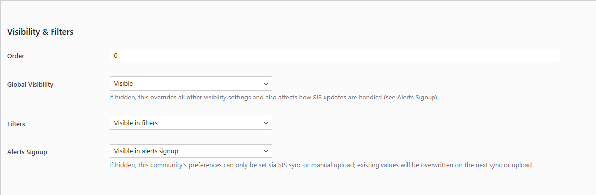 visibility and filters settings