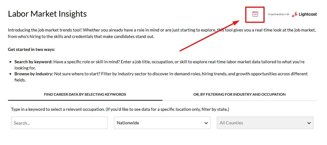the embed icon for the labor market insights module