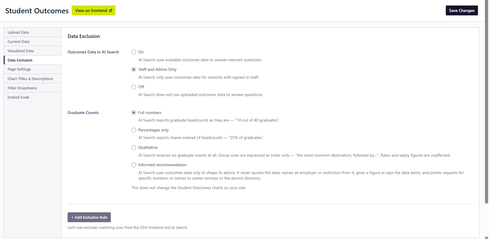 data exclusion settings for outcomes data in ai search