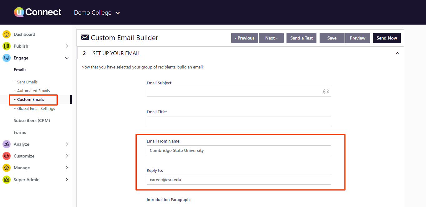 custom email fields in uconnect