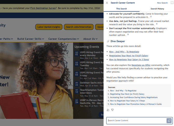 AI Search panel open in the VCC, showing a student question and response with citations]
