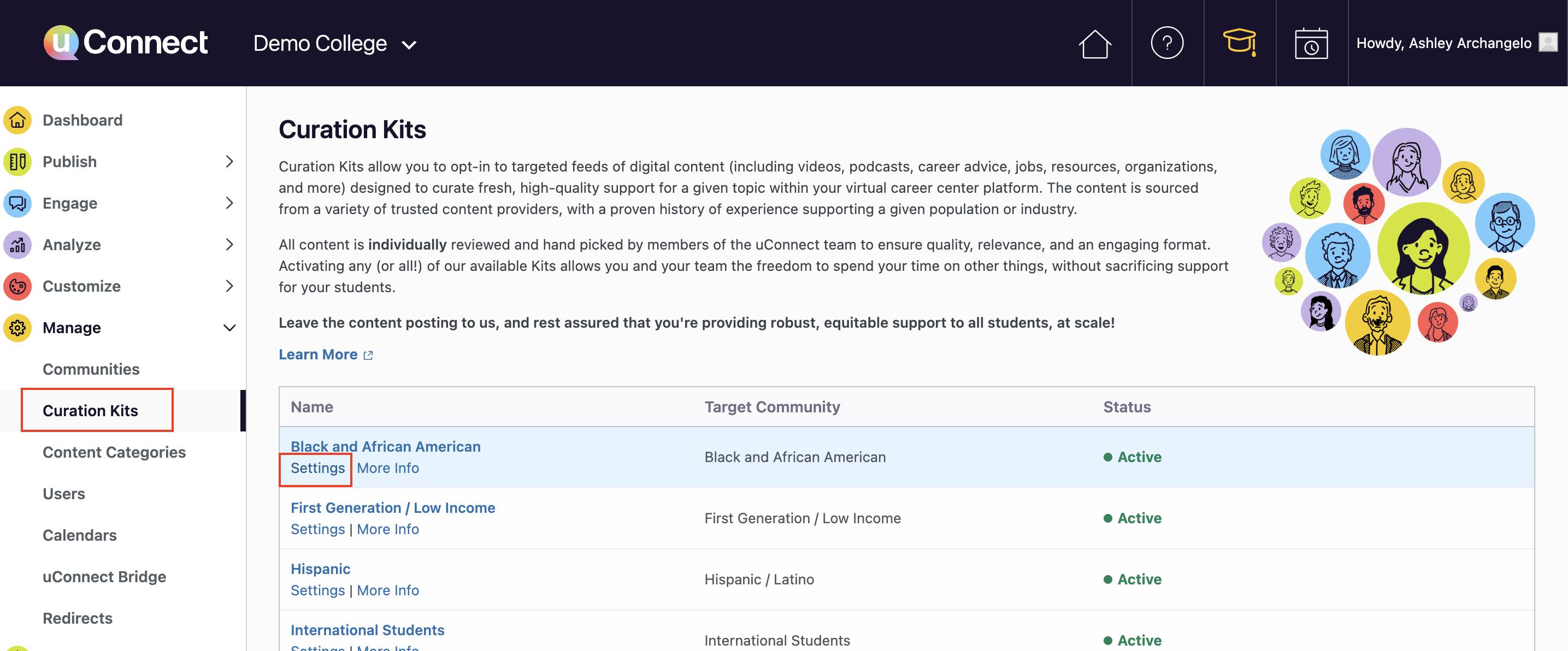 Screenshot of backend of uConnect platform, highlighting the Curation Kits section under the Manage dropdown, and the Settings option for an individual Curation Kit to edit.