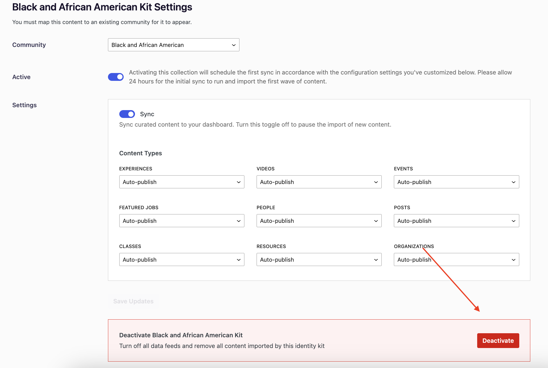 Screenshot of backend of uConnect platform, highlighting the red button to Deactivate a Curation Kit.