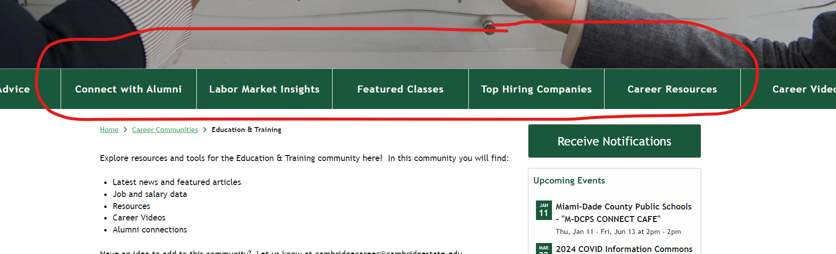 An example of a community (hero) navigation menu widget that is live on a community page