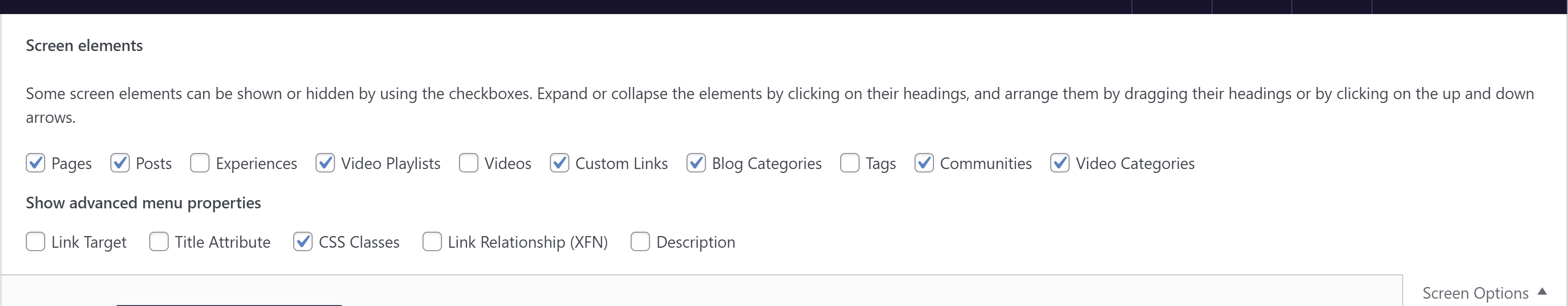 A screenshot of the 'Screen options' area of the menu dashboard.