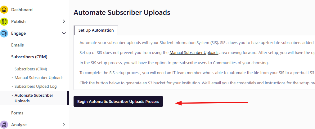 begin automatic subscriber upload process