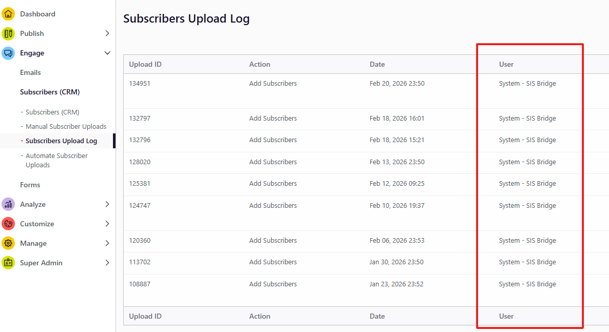 subscriber upload log