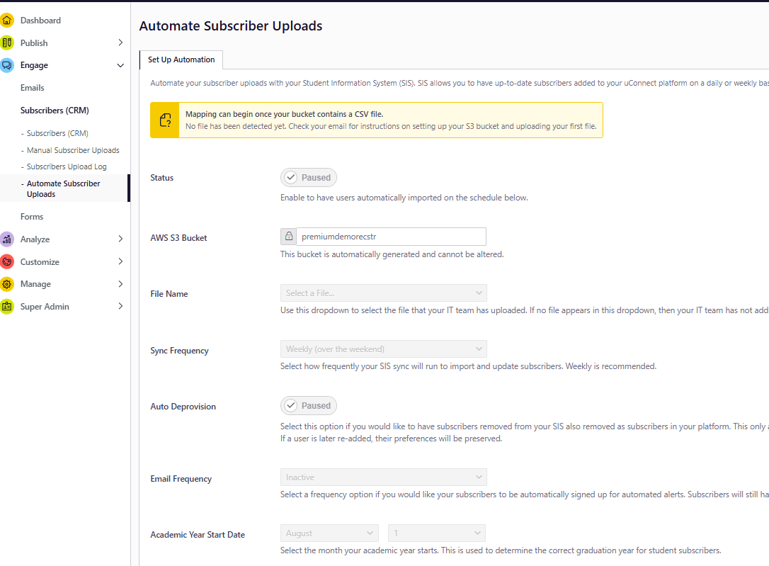 configure automatic subscriber uploads