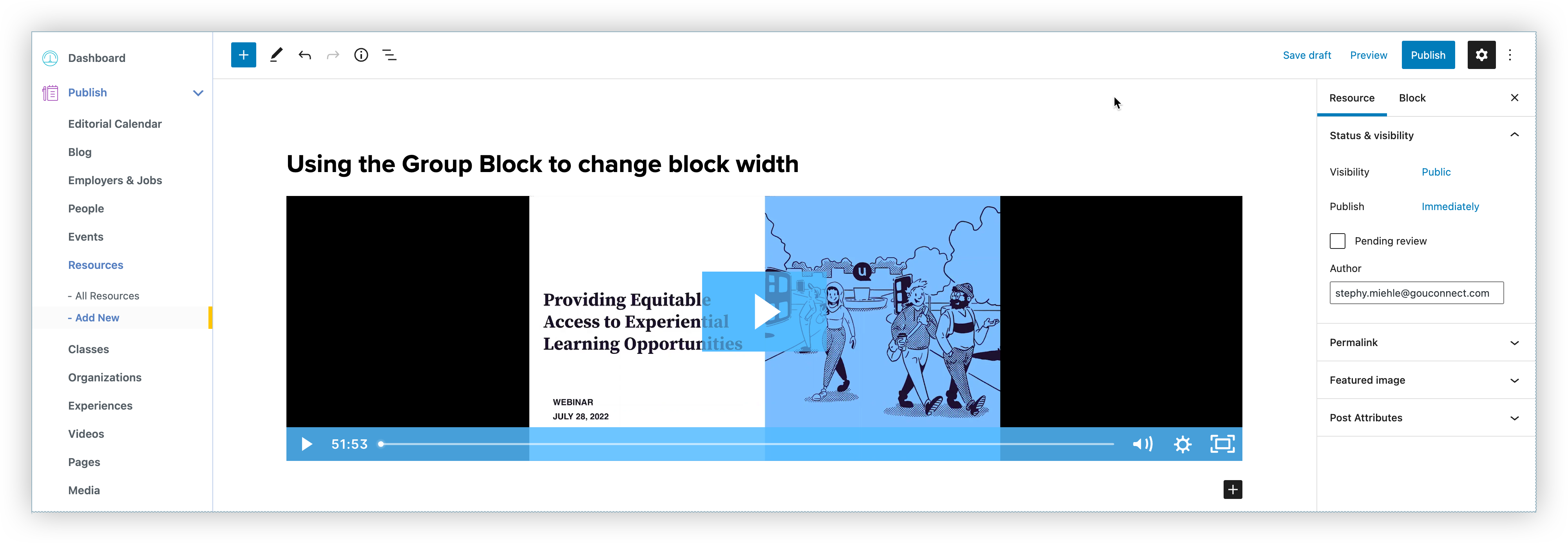 Embedded video block taking up the full width of the editor