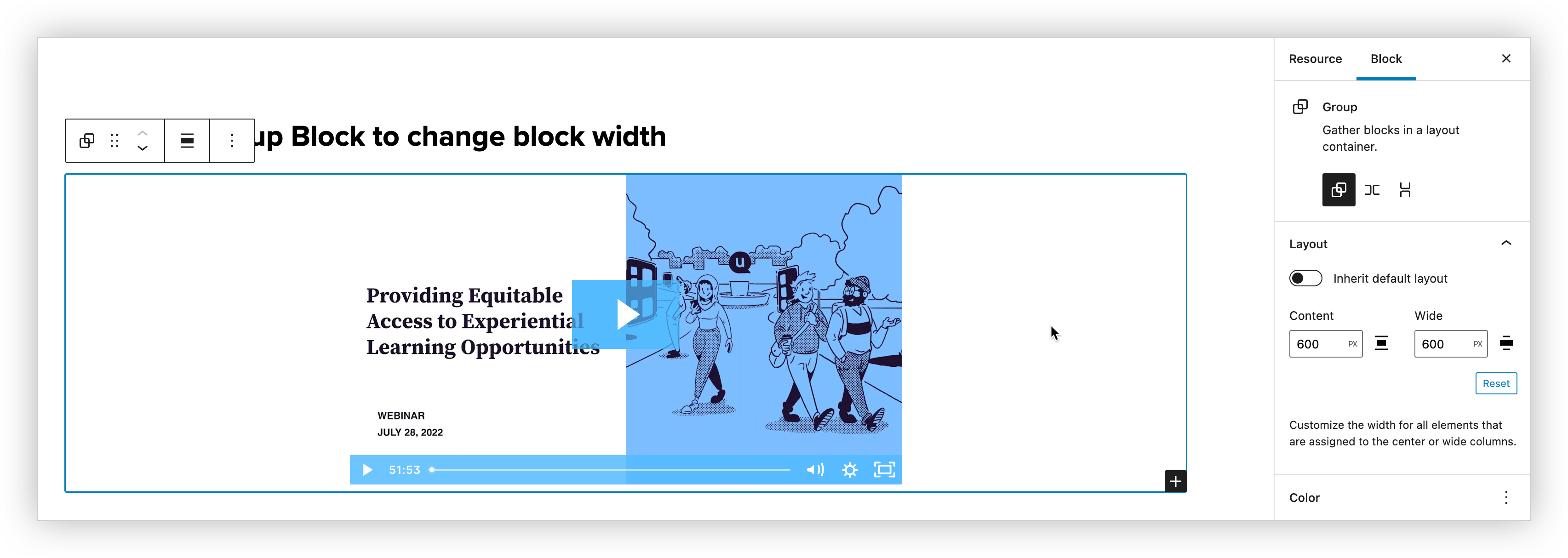 Screenshot of the editor with the content limited to 600 pixels wide