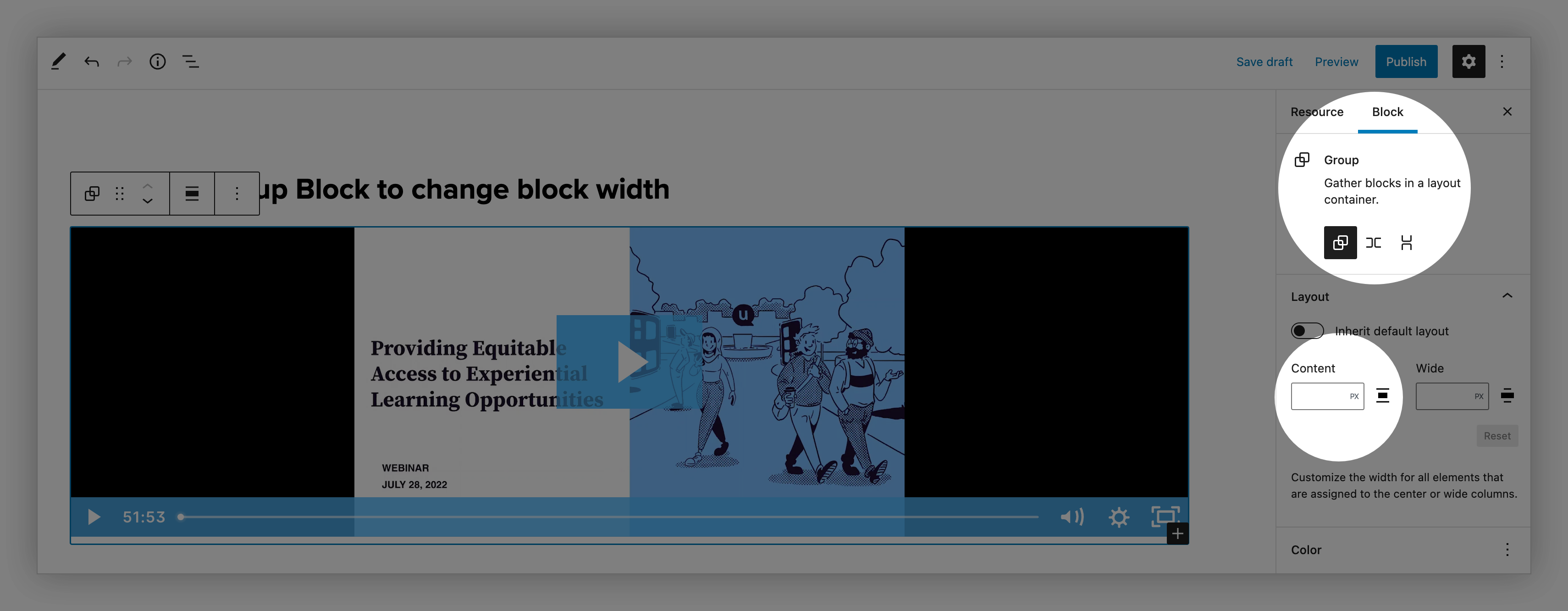 Screenshot of the block selection with the Group block circled