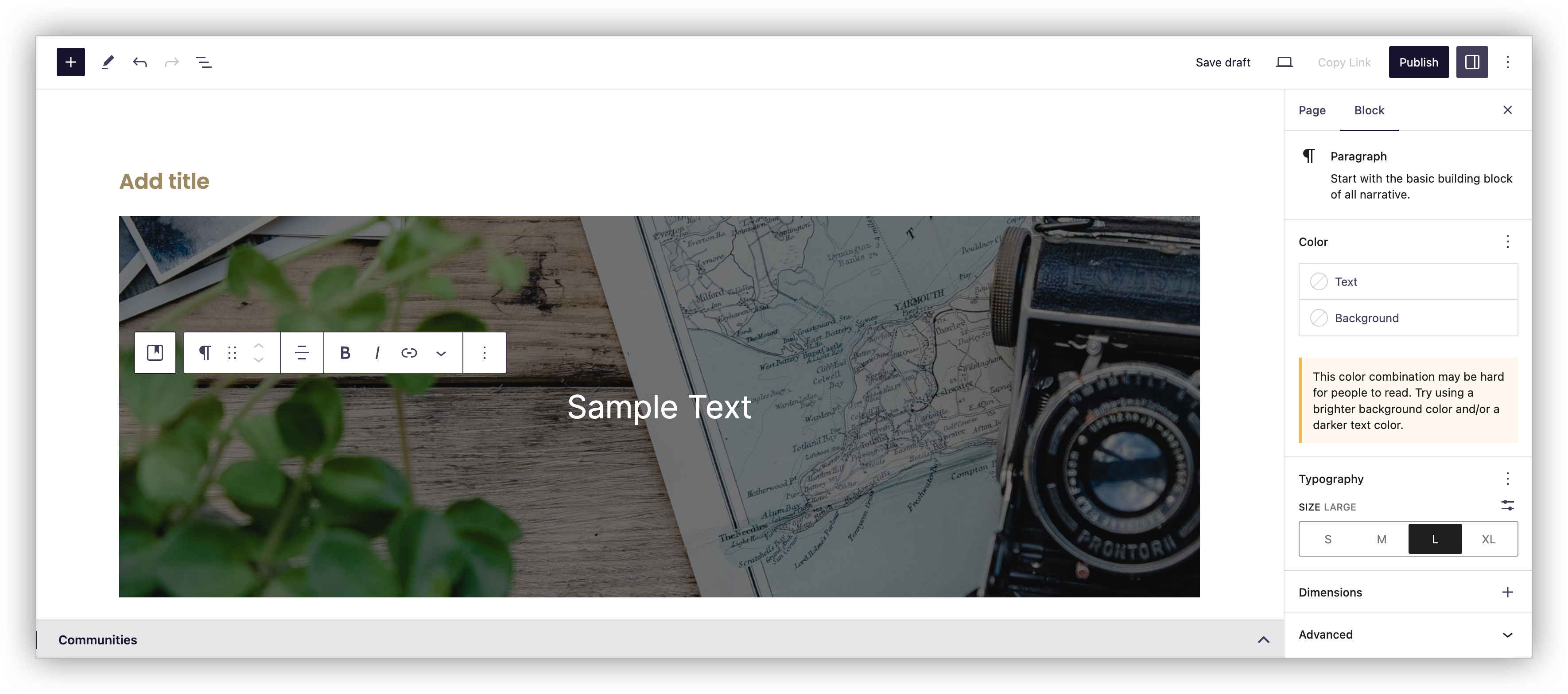 A Cover block is added within the Block Editor. It has a dark image background with white text. The sidebar displays a potential warning that