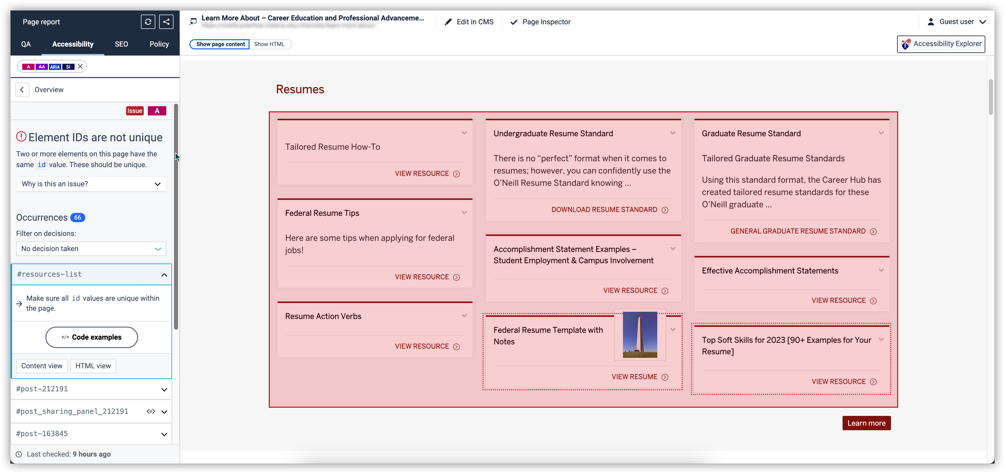 Screenshot of a SiteImprove report with the resource card region highlighted