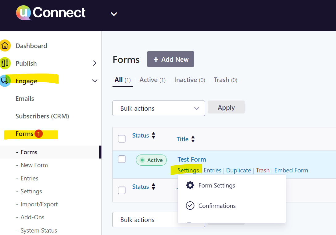 Form settings under the Engage section of your uConnect platform