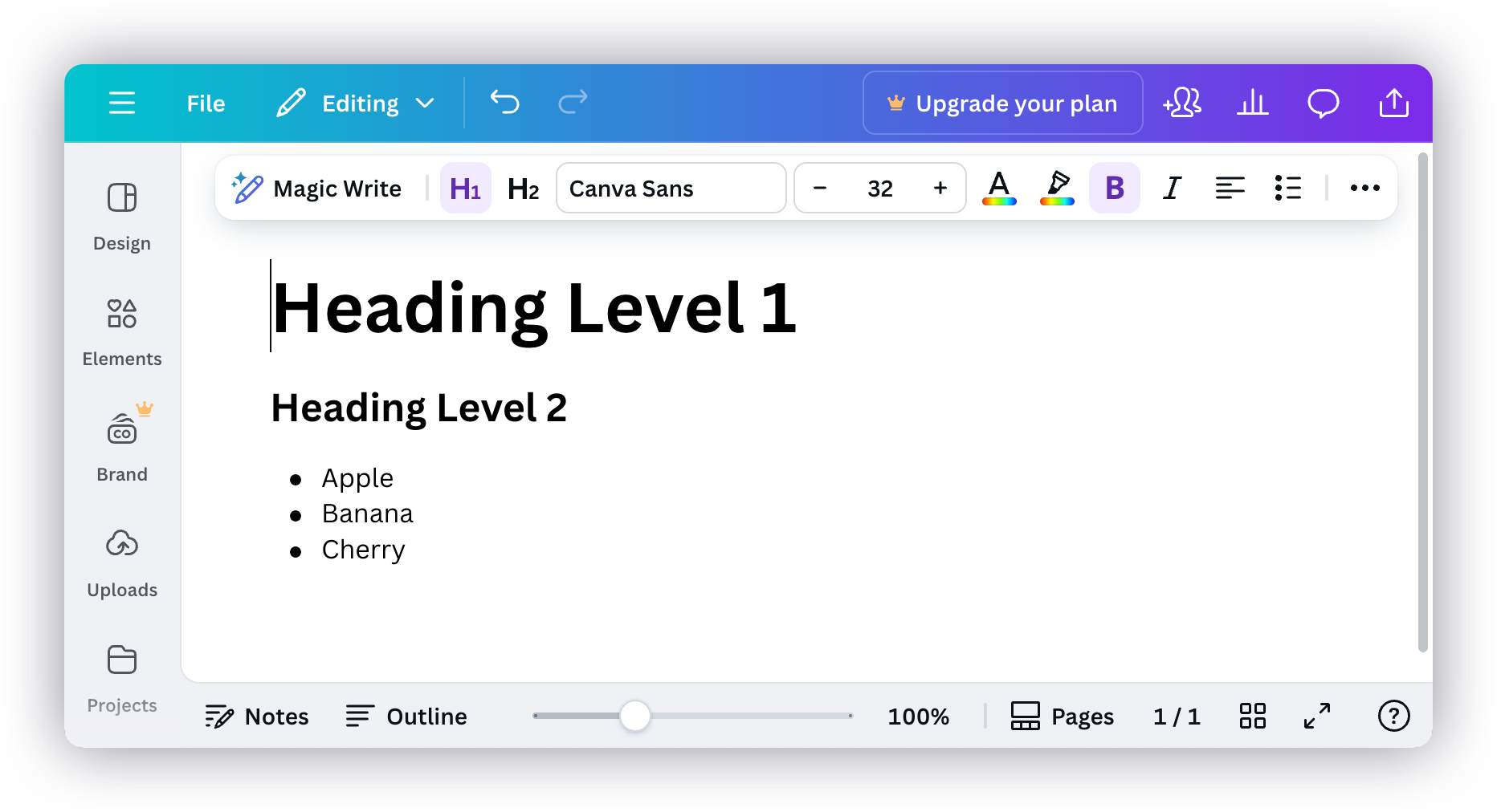 Screenshot of the Canva document interface showing that the 