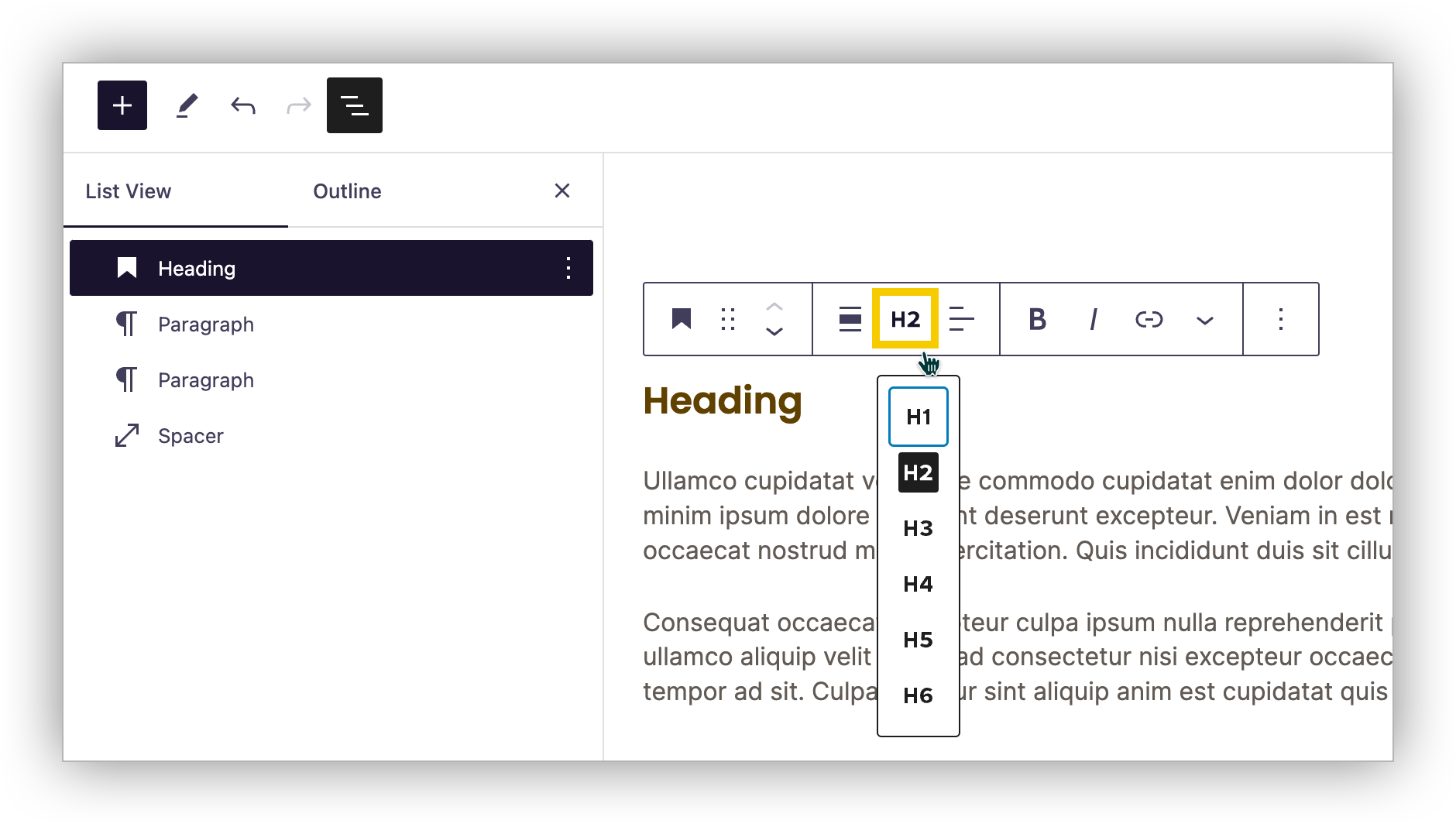 Block Editor interface displaying a selected Heading block and a floating toolbar with H2 selected