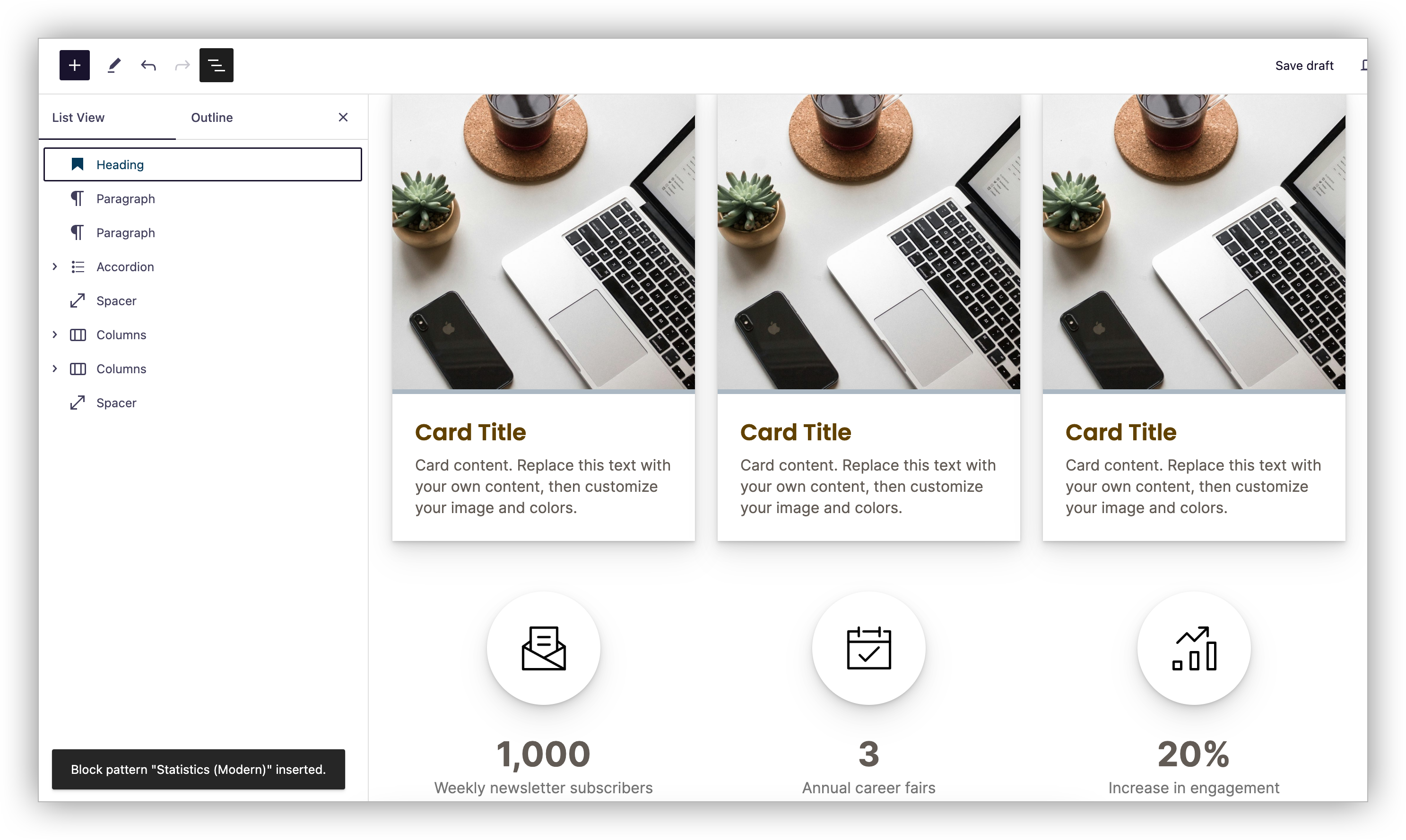Block Editor interface displays two instances of the Columns block. The first instance uses a columnar layout of image-based cards, each with a headline and paragraph. The second set has a 3-column layout, and each column has an icon and statistic.