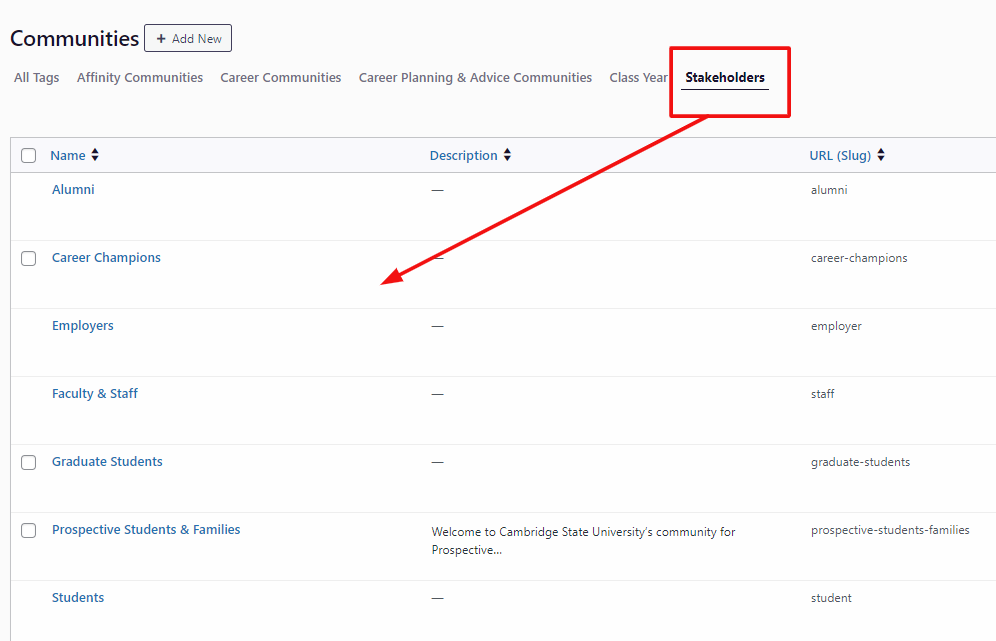 Screenshot of the Communities area of a uConnect platform.